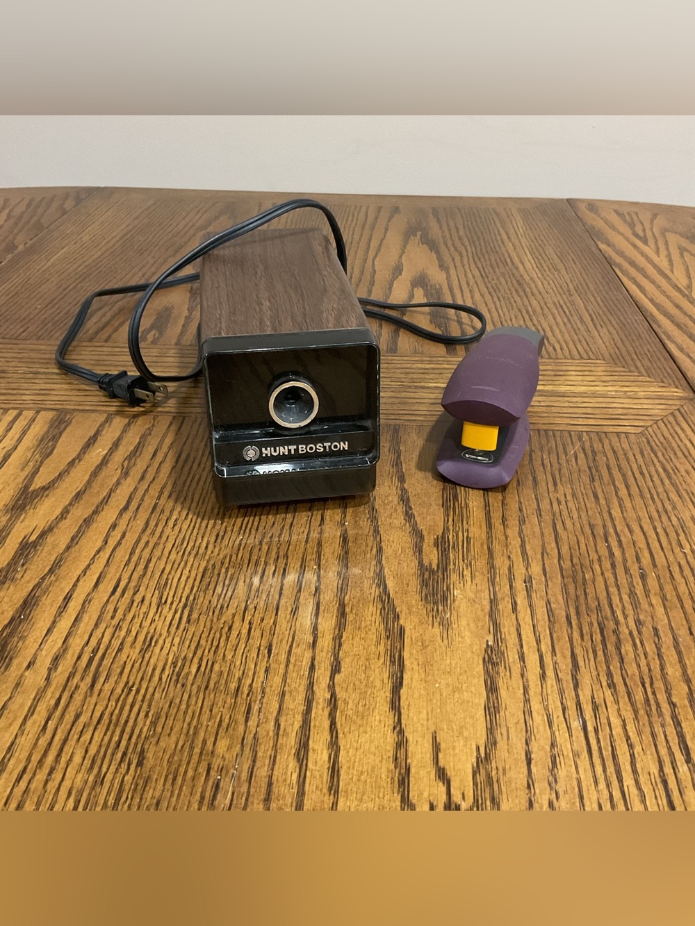 Electric Pencil Sharpener - Black with Woodgrain & Purple & Black Stapler
